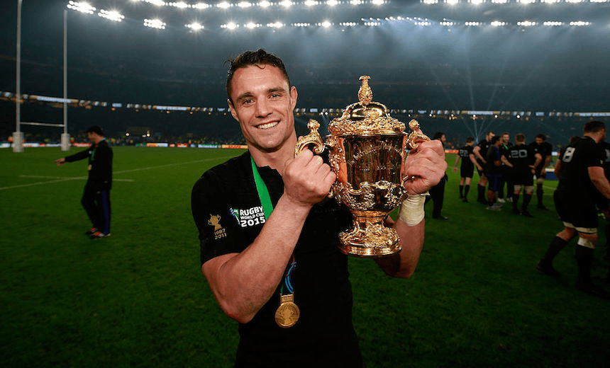 Dan Carter of New Zealand with the Webb Ellis Cup after victory in the 2015 Rugby World Cup Final against Australia at Twickenham on October 31, 2015.  (Photo by Phil Walter/Getty Images) 
