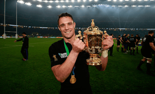 Dan Carter of New Zealand with the Webb Ellis Cup after victory in the 2015 Rugby World Cup Final against Australia at Twickenham on October 31, 2015.  (Photo by Phil Walter/Getty Images) 
