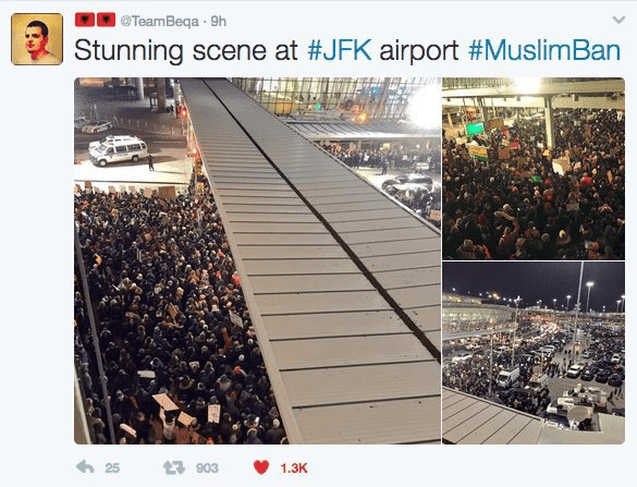 JFK Muslim Ban protest @TeamBeqa tweet