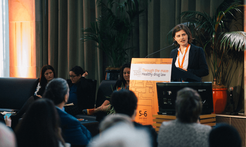 Chloë Swarbrick speaking at NZ Drug Foundation Parliamentary Conference in 2017 (Image: Tim Onnes) 
