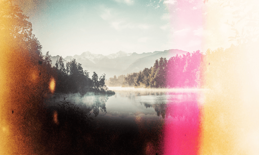 Scene of a lake with panels of pink and yellow light encroaching on either side