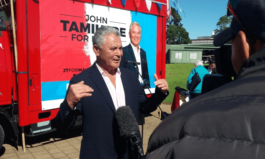 John Tamihere speaking to media at Chamberlain Park (PHOTO: Alex Braae) 
