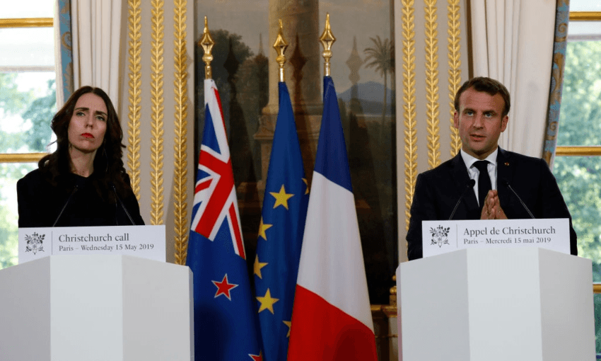 Jacinda Ardern and Emmanuel Macron at the May 15 2019 press conference on the Christchurch Call (Getty Images) 
