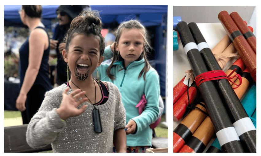 Eight-year-old Āio entrepreneur Maia. Tī rakau sticks for sale at the InnoNative pop-up store. 
