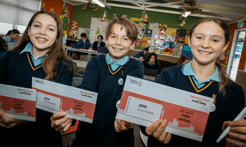 Youth Voting participants from Waiheke College demonstrate the joy that democracy brings 
