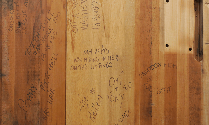 Graffiti on the benches of an Auckland school where Polynesian students hid from the police (Image: Haru Sameshima).  
