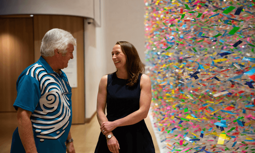 Te Papa CEO Courtney Johnston with Visitor Host Roger Gascoigne. (Photo: Jack Fisher/Te Papa) 
