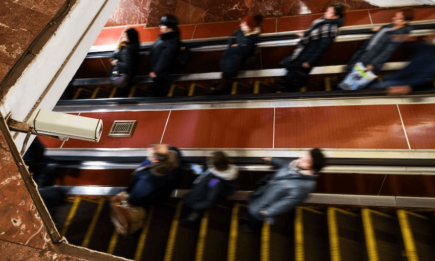 A surveillance camera at a metro station in Moscow, where facial recognition cameras are being used to show the spread of Covid-19 (Photo: Kirill KUDRYAVTSEV / AFP)  
