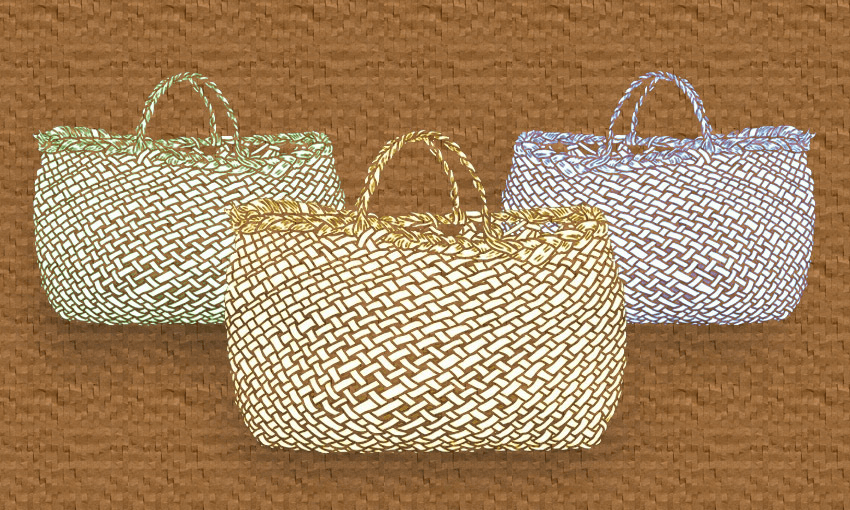 Three kete, or woven flax bags, on a brown background, representing the three kete of knowledge in Māori lore.