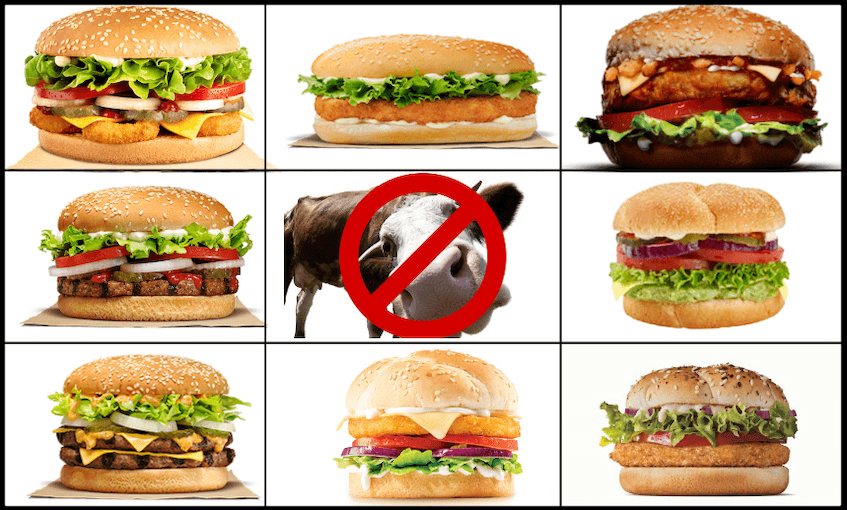 Clockwise from top left, Burger King Salad Burger; Burger King Rebel Chook; Carl’s Jnr Veggie Burger; Wendy’s Salad Burger; McDonald’s McVeggie; KFC Vegetarian Burger; Burger King Super King XL; Burger King Rebel Whopper; no cows were harmed in the making of these burgers  
