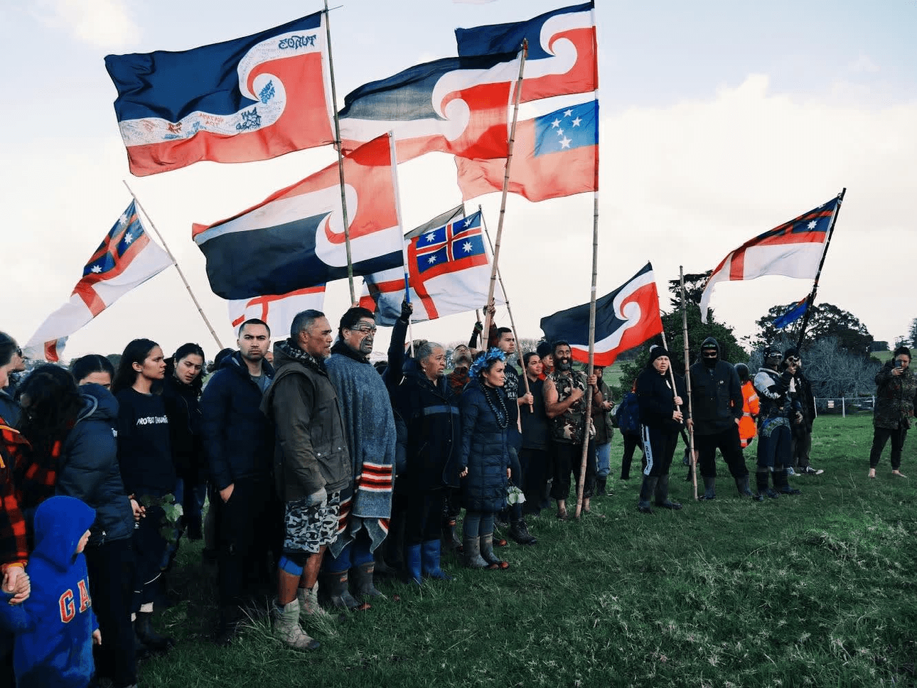 Pania Newton, front and centre of the protectors at Ihumātao. (Photo: Jess Thompson Māori Mermaid) 
