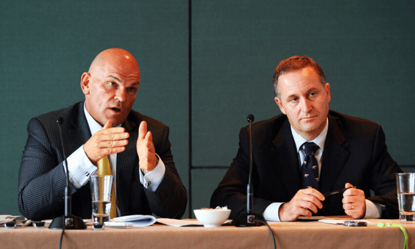 Then Minister for Local Government Rodney Hide and Prime Minister John Key at the announcement of the Super City decision. (Photo by Phil Walter/Getty Images) 
