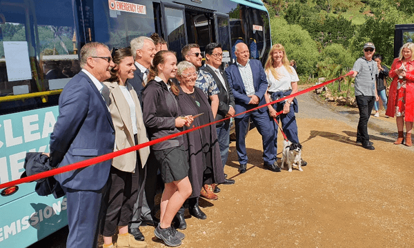 Cutting the ribbon on one of the new Waiheke Island electric buses (Alex Braae)  
