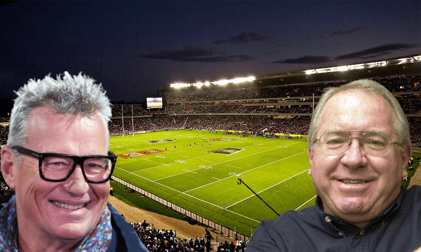 Former All Black John Kirwan (L) and veteran rugby commentator Keith Quinn (R) 
