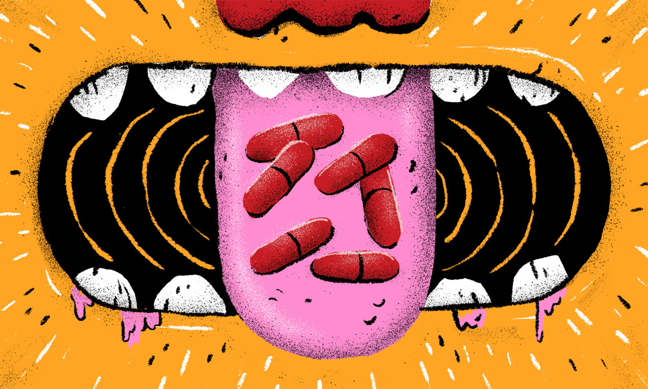 illustration: six red pills on a tongue, in a lightly drooling mouth