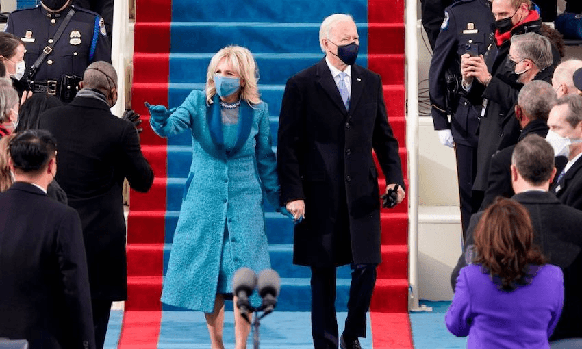 US President-elect Joe Biden flanked by wife Dr. Jill Biden arriving for his inauguration as the 46th US President on January 20, 2021, at the US Capitol in Washington, DC. (Photo: Patrick Semansky / AFP) (Photo by PATRICK SEMANSKY/AFP via Getty Images) 
