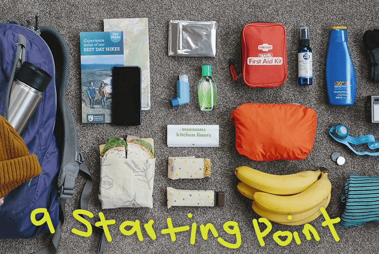 Items typically packed for a hiking trip