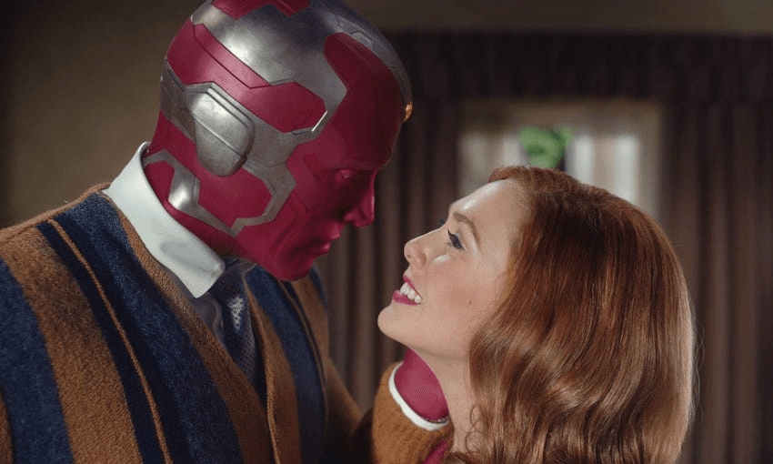 Vision (Paul Bettany) and Wanda (Elizabeth Olsen) are stuck inside… a 1960s sitcom? In the Marvel Cinematic Universe? Sure. (Photo: Disney+) 
