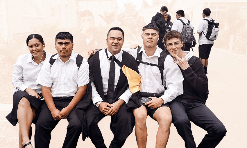 Dr Will Flavell, centre, with some of his students at Rutherford College (Photo: Supplied/Tina Tiller) 
