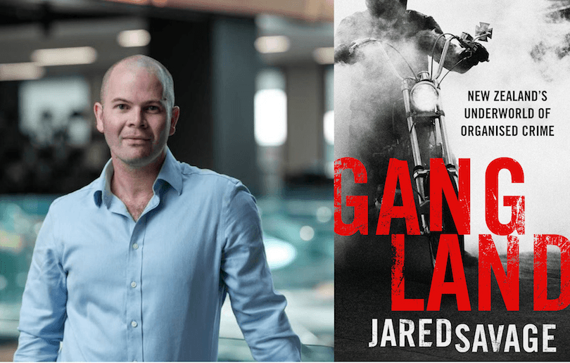 Journalist Jared Savage and the cover of his book Gangland