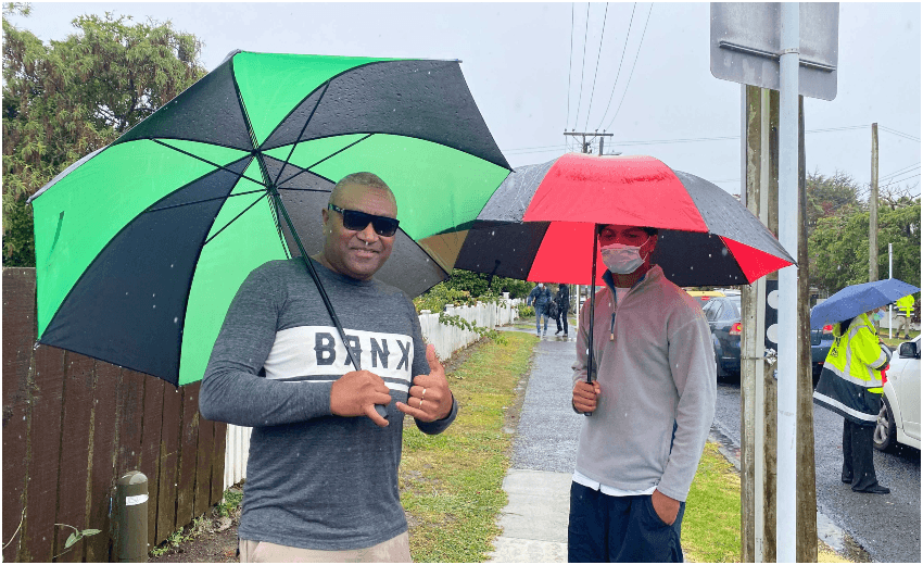 Hiki and Wesley Tuai after taking a test at Papatoetoe High, where Wesley is a year 11 pupil. (Photo: Justin Latif) 
