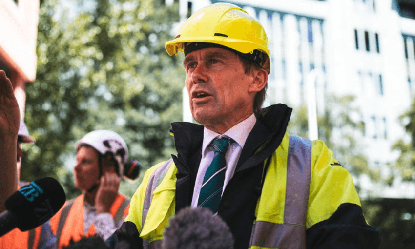 Wellington mayor Andy Foster wearing a hardhat, possibly to deflect missiles thrown by fellow councillors (Radio NZ, Samuel Rillstone)  
