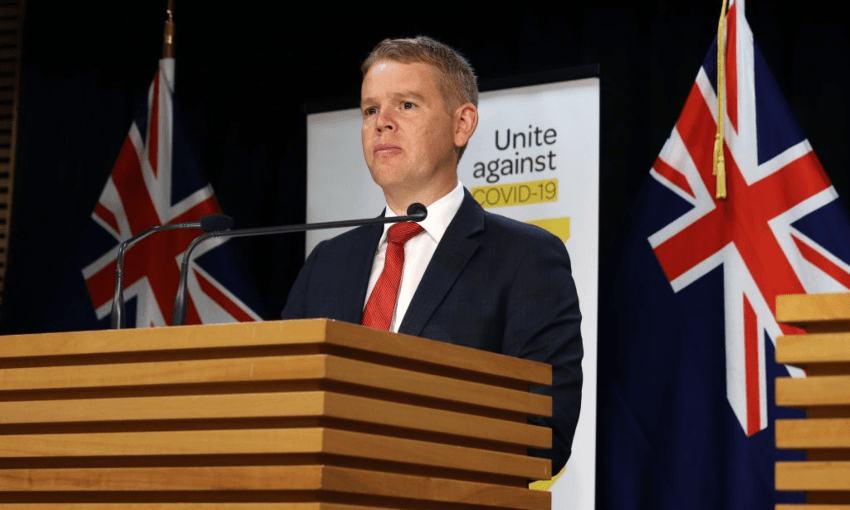 Covid-19 minister Chris Hipkins at a Beehive press conference (Getty Images) 
