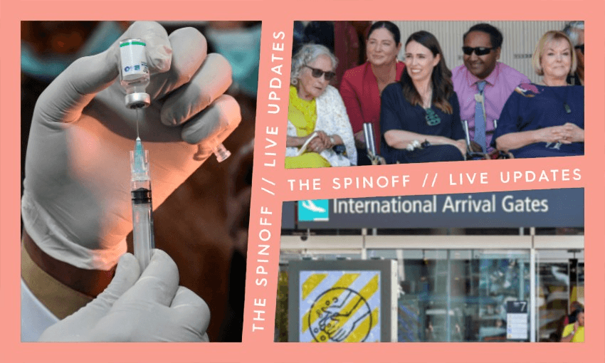 Covid-19 vaccine, Jacinda Ardern and Judith Collins at Waitangi, international arrivals sign at airport 
