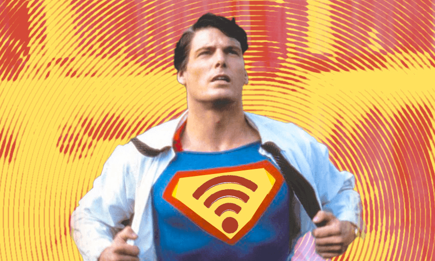 Superman pulling open his normal business shirt to reveal... a wifi symbol!