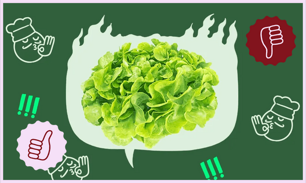 A cluster of fresh green lettuce is centered against a dark green background with a lighter green speech bubble shape behind it. Surrounding the speech bubble are illustrations of chef faces making "OK" hand gestures and green exclamation marks.